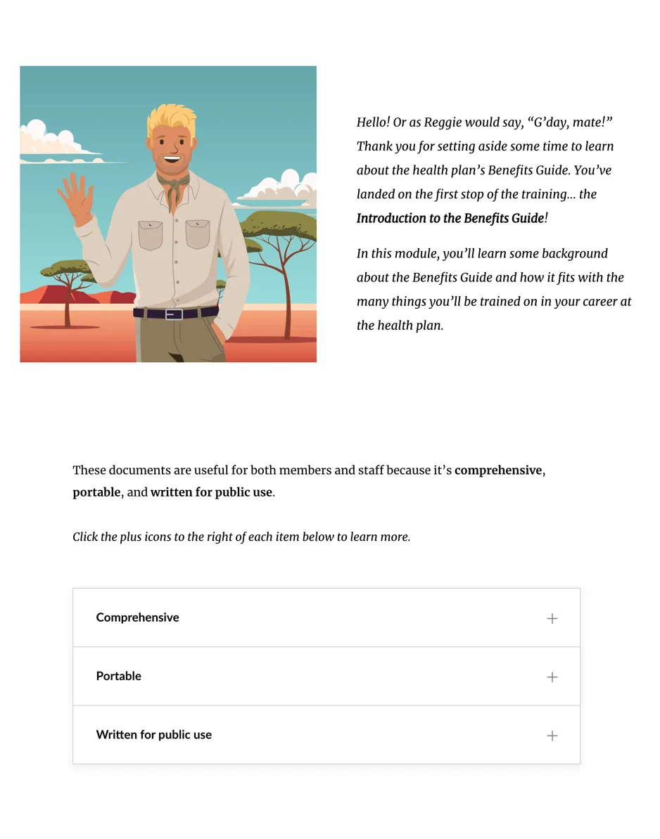 A Rise lesson with short text and expandable sections learners open to learn more