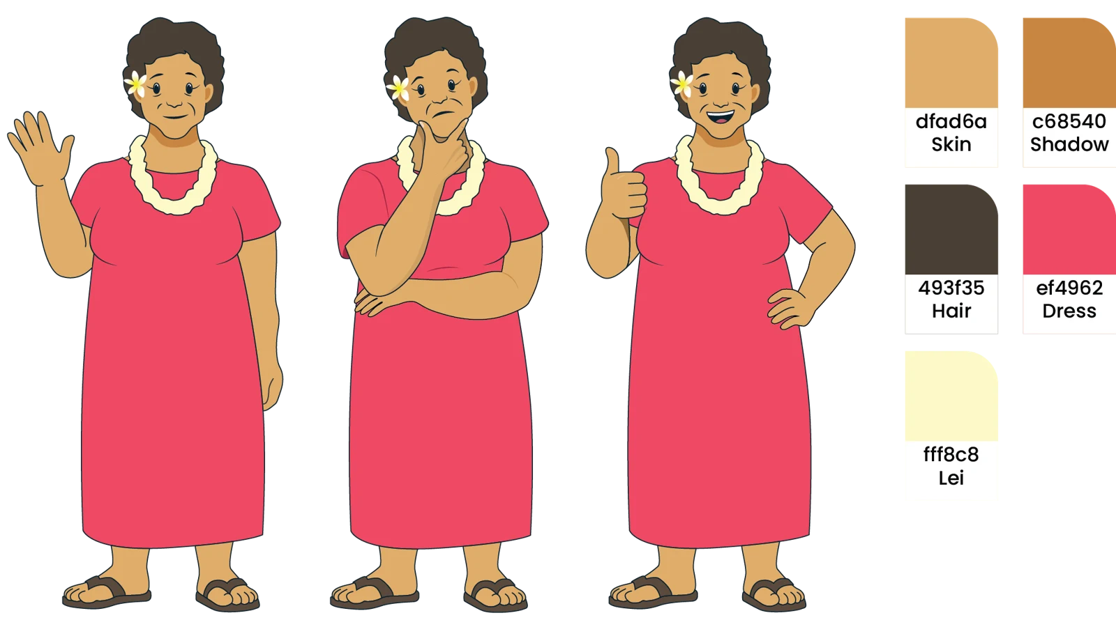 Maile character sheet: poses and palette