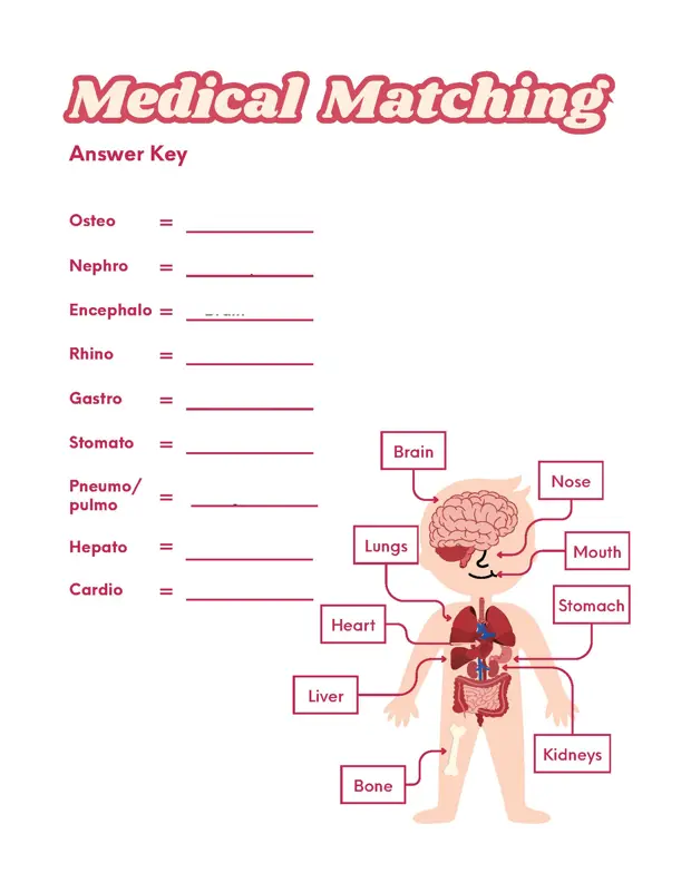 The workbook version of the medical terminology matching activity