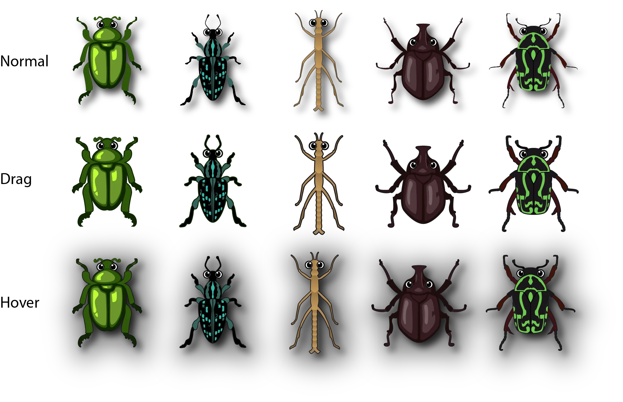 Bug game sprites in normal, drag and hover states