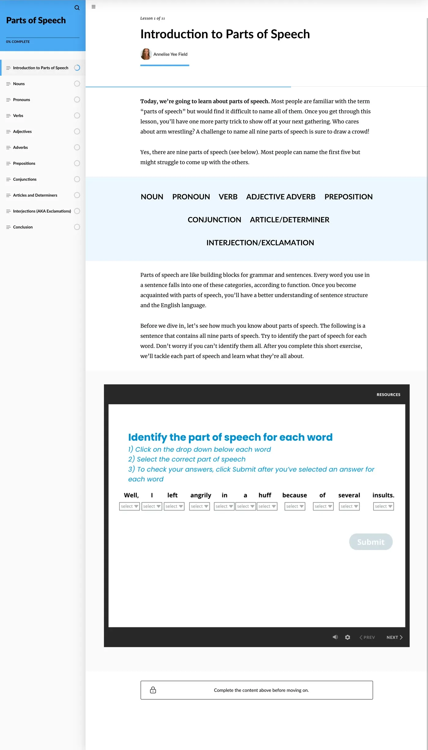 Parts of Speech lesson scrolling on a laptop